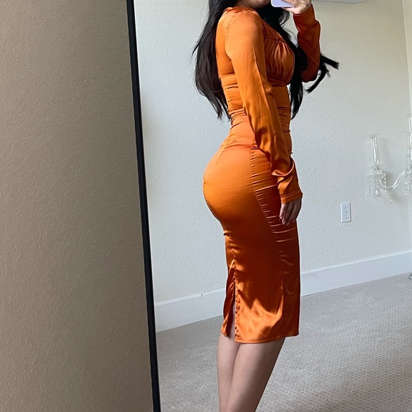 Rust Satin Ruched Dress - Picture 2 of 7